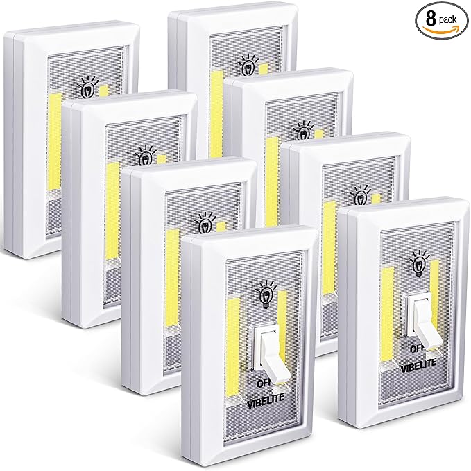 VIBELITE Closet Light, Battery Operated Switch Light, Tap Light, Touch, Push Night Lights, Wall Wireless Mount Under Cabinet, Shelf, Shed, Kitchen, Garage, Attic, RV, Lighting Installations (8-Pack)