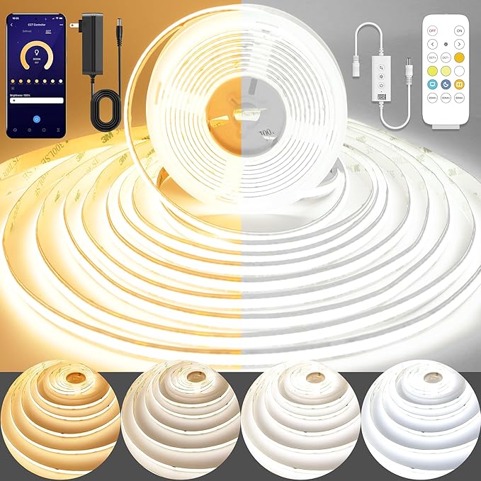 COB LED Strip Light,CCT Dimmable Strips Light,2700K-6500K,32.8ft/10m,8mm Wide,CRI90+ 24V LED Strips Kit with Bluetooth APP Control/Music Mode,for Bedroom,Kitchen,DIY Lighting