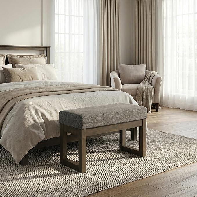 SIMPLIHOME Milltown Small Ottoman Bench - 26.8 inch Wide Upholstered Linen Look Fabric Rectangle Footstool Ottoman in Grey, Contemporary Bench for Bedroom or Entryway with Cushioned Seat, Assembled
