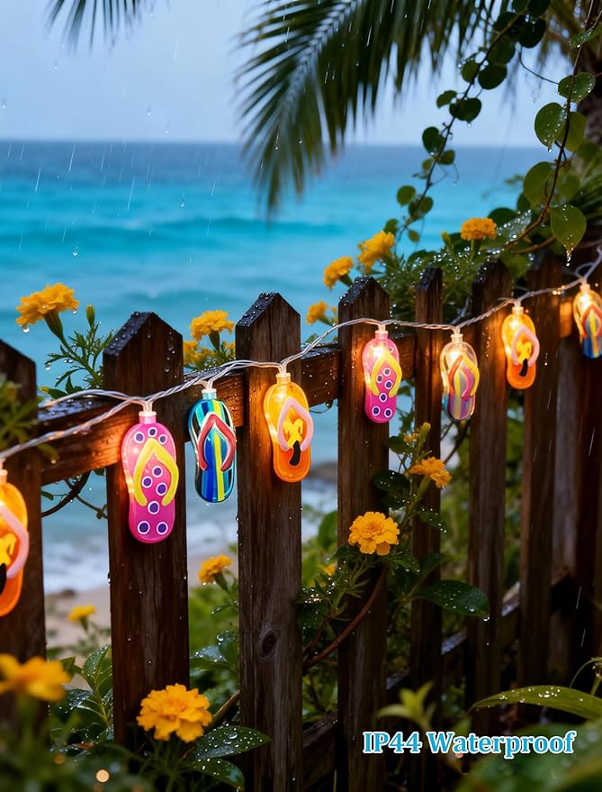 8.5Ft Summer Beach Themed Lights, 10L LED Flips Flops String Lights Plug in for Indoor and Outdoor Holiday Summer, Luau Aloha Hawaiian Tropical Party Décorations.