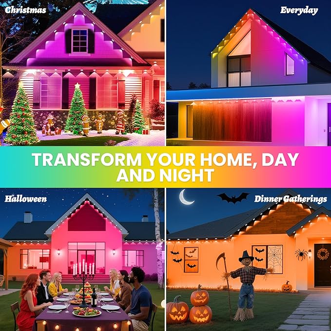 Led Christmas Lights Outdoor Permanent Light for House, DIY App & Bluetooth Music, Waterproof Ip65, VISADA 100ft Rgbic Women's Day Outdoor Lights Fit for Soffit Fence Garage Landscape Patio.