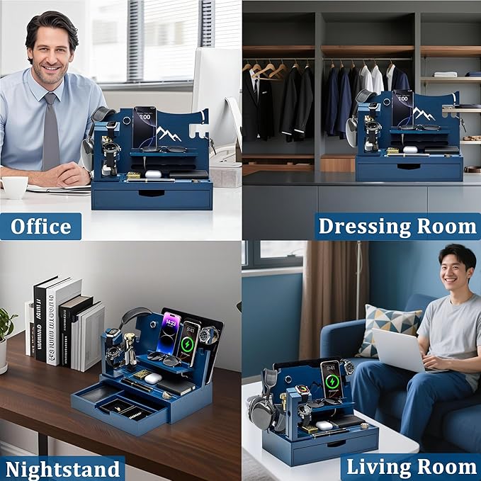 Nightstand Organizer for Men with Large Drawer, Wood Phone Docking Station for Phone, Apple Watch, Wallet & Keys, Ideal Birthday Gift for Father Husband, Bedside Desk Organizer (Blue)