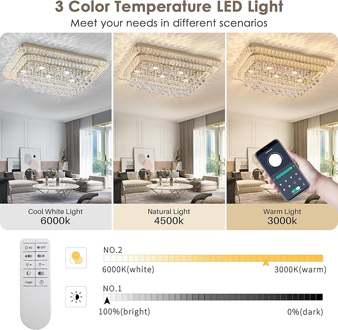 32 inch Crystal Flush Mount Chandelier, Modern Raindrop Crystal Gold Chandeliers with Remote and APP, 3 Colors Temp & Brightness Adjustable, Ceiling Light for Bedroom Hallway DiningRoom Living Room