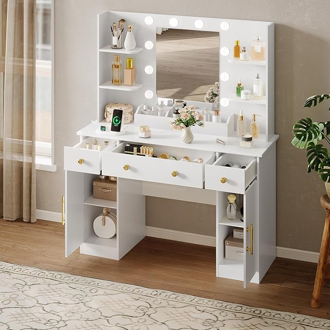 Vanity Desk with Mirror and Lights, Makeup Vanity with Mirror and LED Lights & Power Outlet, 3 Drawers and Cabinets, 3 Lighting Modes Dressing Table Set for Girls Women Bedroom, White