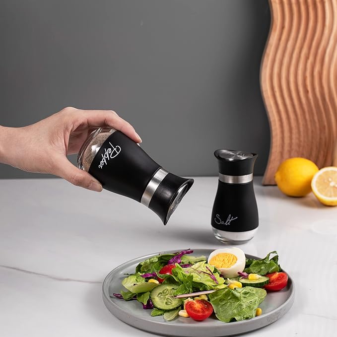 Lonffery Salt and Pepper Shakers, Stainless Steel and Glass Bottle, Set of 2, Black