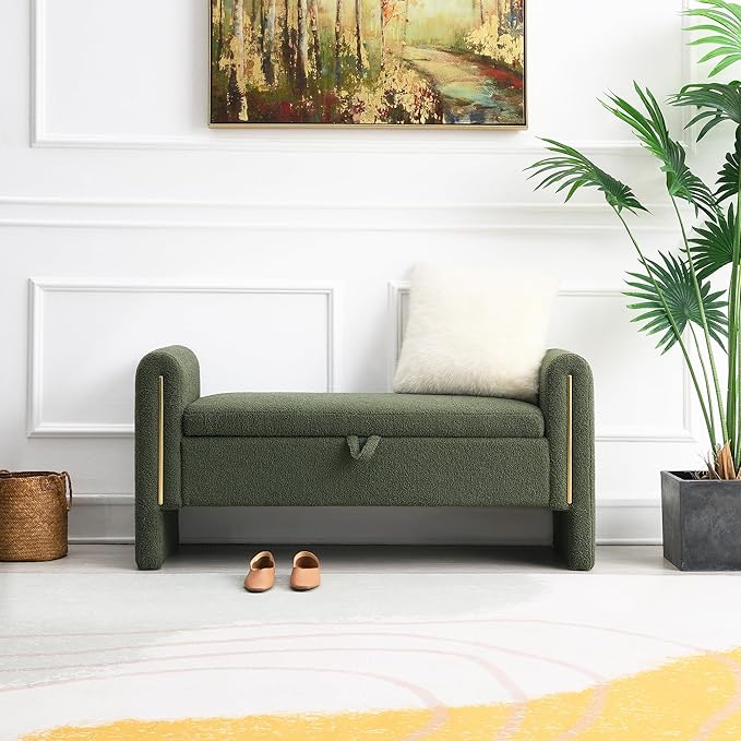 Modern 52" Storage Ottoman Bench, Upholstered End of Bed Storage Bench with Armrests, Entryway Bench, Teddy Foot Rest Stool for Living Room Hallway Bedroom (Green)