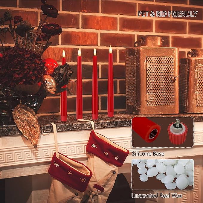Bright Red Flameless Taper Candles 9.6" Christmas LED Candles Real Wax with Remote Timer, Battery Operated LED Candles Set with 3D Flickering Flame, Dripless Candlesticks for Home, Party, 6 Pack