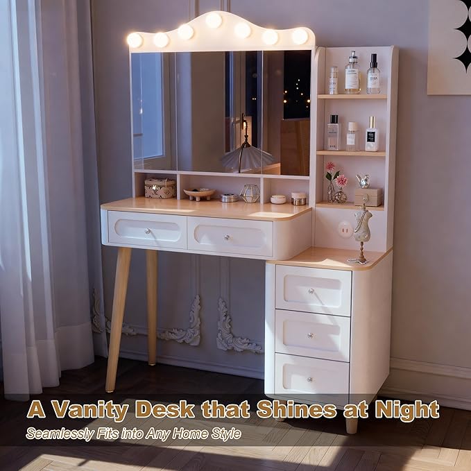 Vanity Desk with Mirror and Lights,Makeup Vanity with 2 USB Power Strip,Vanity Set with Two Drawers and Three-Drawer Chest,3 Lighting Modes Adjustable Brightness,Foldable Three-Sided Mirror