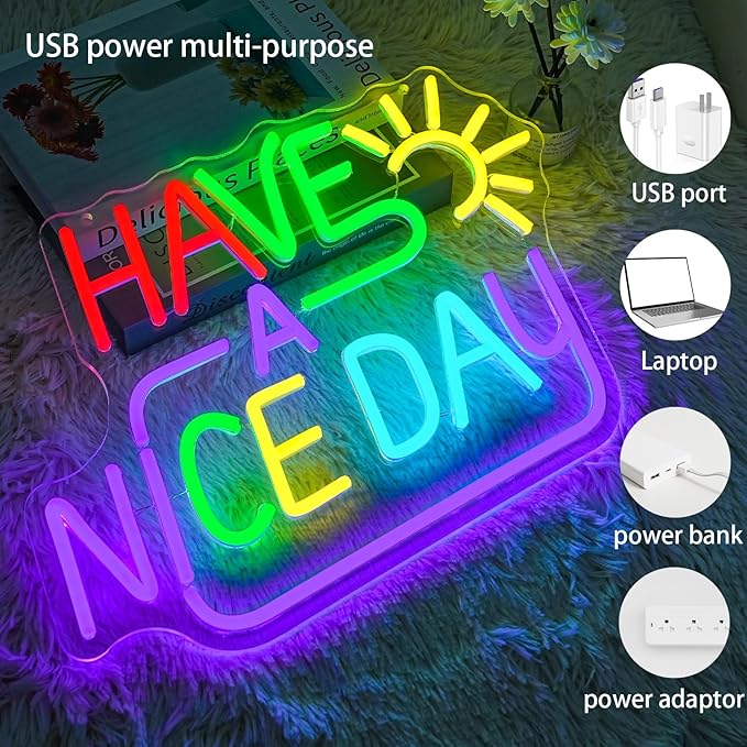 Happy A Nice Day Neon Sign for Wall Decor, Dimmable Colorful Letter Neon Lights, USB Powered Happy A Nice Day Led Light Up Sign for Bedroom, Room, Studio, and Office Wall Decor