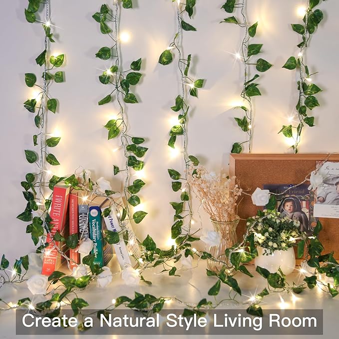 suddus Vine with Fairy Light Plug in, 33ft 100 LED Pothos String Lights Connectable with Remote, Leaf Lights for Bedroom, Room, Wall, Garden, Party, Wedding Dorm Decor (Warm White)