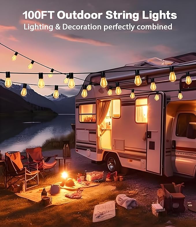 Tenmiro 100FT LED Outdoor String Lights with Remote, 35+ 1 Shatterproof Bulbs Waterproof and Dimmable Patio Lights for Porch, Garden, Backyard, Deck, Balcony, 2700K Hanging Lighting