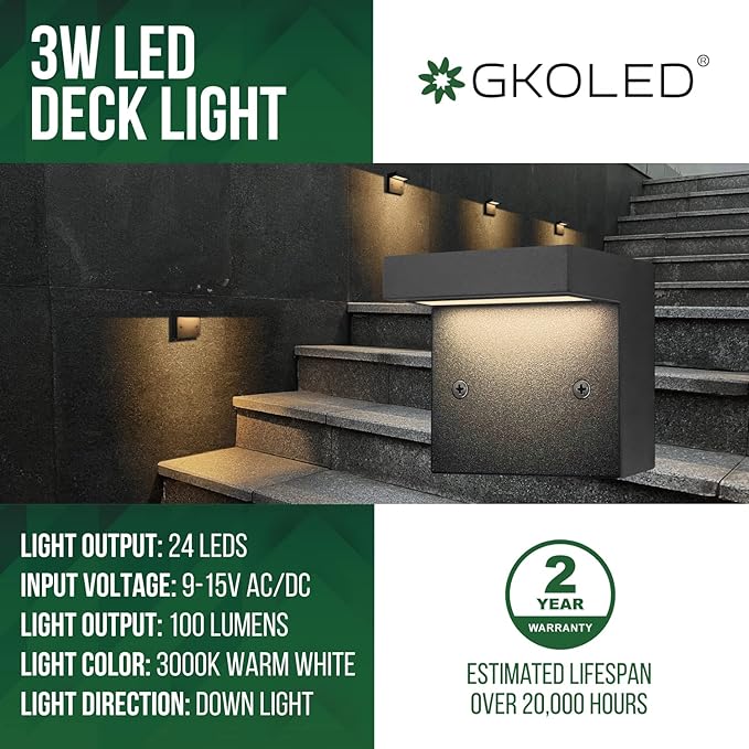 GKOLED 2-Pack Low Voltage LED Deck Lights, Landscape Step Wall Stair Railing Post Lighting with 3W Integrated LED Chips, IP65 Waterproof for Outdoor, Die-cast Aluminum, Black Powder Coated Finish