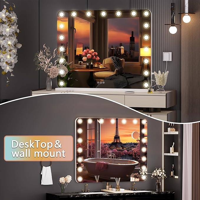 Hasipu Vanity Mirror with Lights, 40" x 32" Makeup Mirror, Light up Mirror with 19 Dimmable LED Lights and 10X Magnification, 3 Colors Modes, Touch Control, USB Charging Port, White (Round)