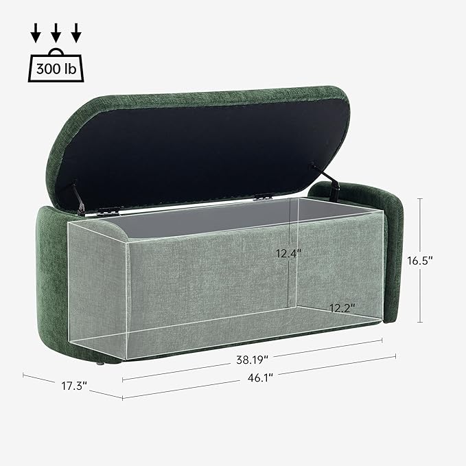 VKNOW 46" Oval Storage Ottoman Bench, Upholstered End of Bed Bench Ottomans Bench Foot Rest, Sherpa Storage Bench for Bedroom, Living Room and Hallway, Green
