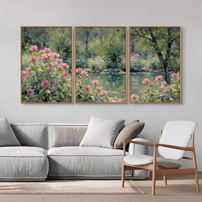 YeeHomedec Monet Botanical Framed Canvas Wall Art Set, Impressionist Floral Garden Wall Decor, Vintage Pond Tree Artwork, Nature Landscape Art Paintings for Living Room Bedroom Bathroom 24"x36"x3