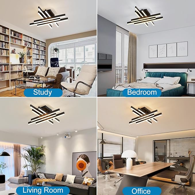 Modern LED Ceiling Light with Remote, Dimmable 21-inch Ceiling Lights for Bedroom Living Dining Room Kitchen, Black Flush Mount Ceiling Light Fixture LED Chandelier Ceiling Lamp (6-Light)