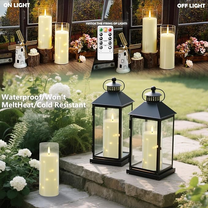 11" x 4" Large Outdoor Waterproof Flameless LED Candles with Remote and Timer,Acrylic Pillar Candles Battery Operated with Embedded Star String for Porch,Patio,Outdoor Decor,Set of 2(Ivory)