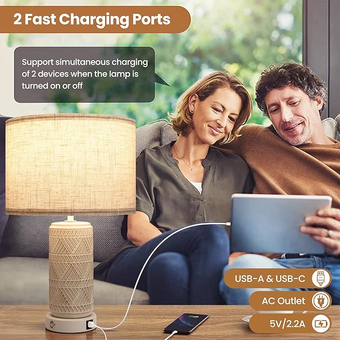 Touch Table Lamp Set of 2 for Home and Modern Farmhouse Decor - Ceramic Boho Bedside Lamps with USB Port - White Nightstand Light for Bedroom, Living Room, Side Tables and Small Night Stand