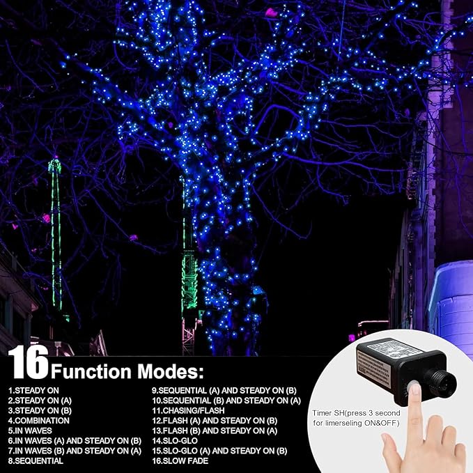 LAMPHOME 33FT 100 LED Blue Christmas Lights,16 Modes Connectable Fairy String Lights, Plug in Indoor Outdoor Blue Lights for Xmas Tree, Party, Garden, Hanukkah, Independence Day Patriotic Patio Decor