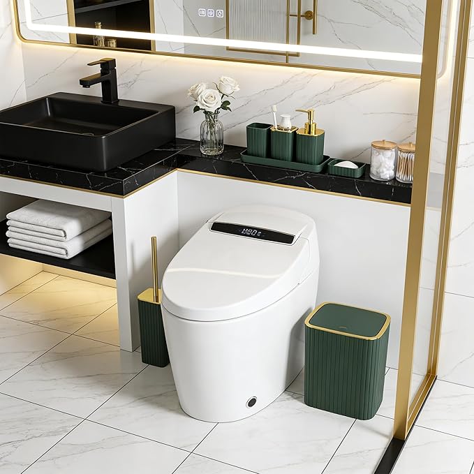 Bathroom Accessories Set-9PC Set, Complete Bathroom Decor & Home Decor, Bathroom Set with Toilet Brush, Trash Can, Soap Dispenser,Modern Home Bath Essentials (Green&Gold, Bath Set)