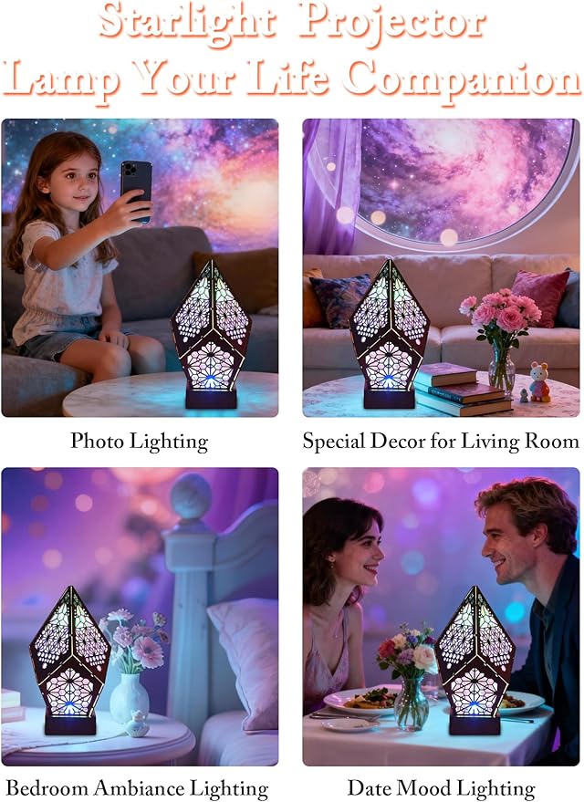 Starlight Projector Lamp,Boho Ambient Lighting Ceiling Projector Night Light, Wooden Colorful LED Lights for Bedroom Vintage Room Decor Aesthetic Unique Gifts for Christmas Halloween Birthdays