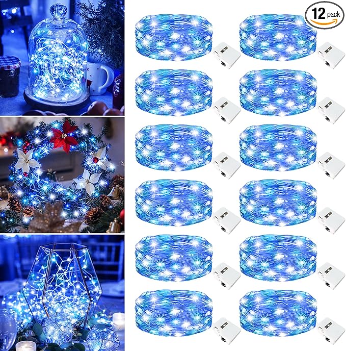 12 Pack Fairy Lights Battery Operated - 7ft 20 Led Twinkle Lights 3 Modes, Bulk Mini String Lights Waterproof for Mason Jars Vases DIY Party Wedding Decoration Christmas -Blue and White