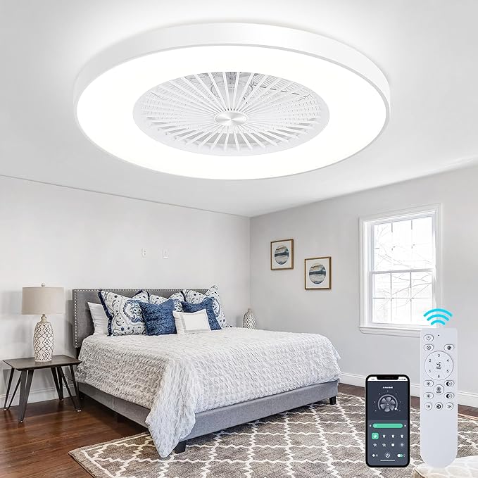 24" Enclosed Ceiling Fan with Light, Low Profile Bladeless Ceiling Fan for Bedroom, 6-Speed Quiet Flush Mount Ceiling Fan with Remote & APP Control, 3-Color Dimmable LED, White