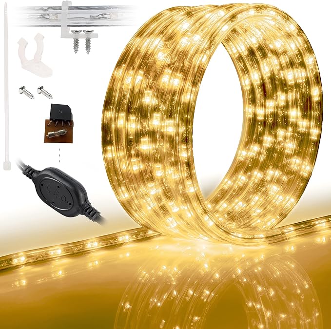 WYZworks 576LEDs, 50ft LED Outside Rope Lights, Waterproof Permanent Outdoor ETL Certified Connectable Clear Tube, Christmas Palm Tree Holiday Decorative Landscape Patio Accent Lighting - Warm White