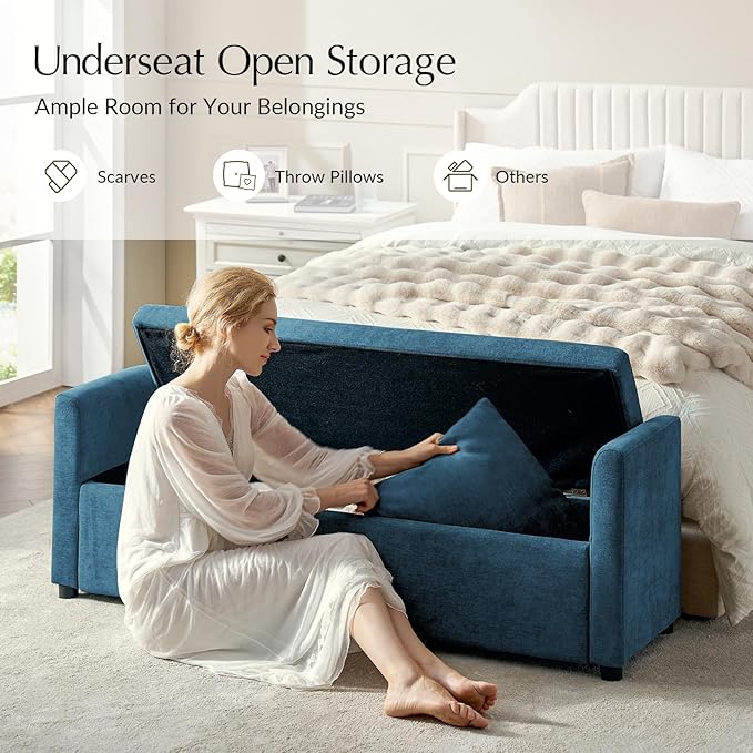 59.5" Modern Storage Ottoman Bedroom Bench, End of Bed Benches with Arms and Throw Pillows, Footrest Stool for Living, Dining Room, Entryway and Hallway, Teal