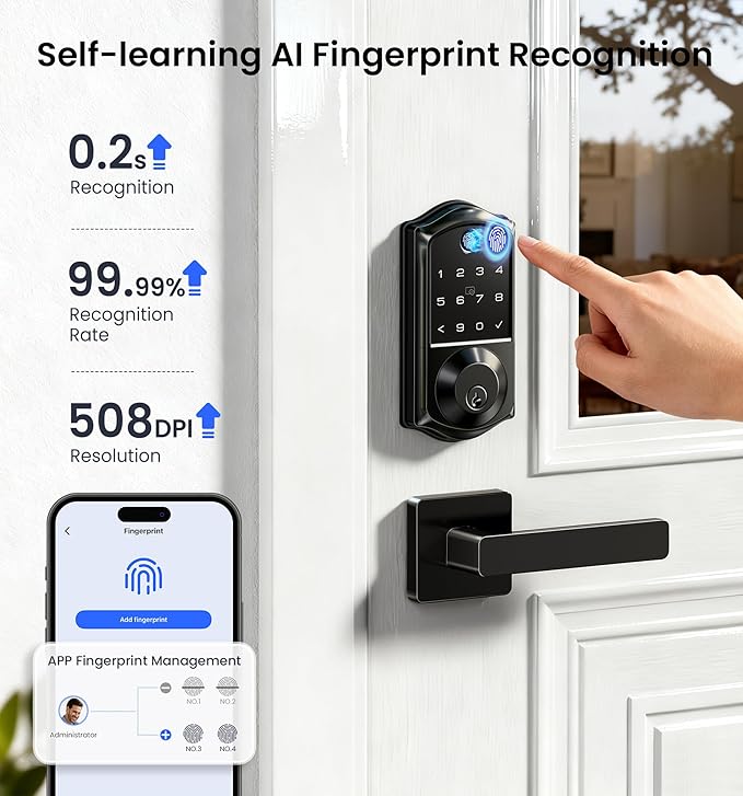 Veise VE017 Fingerprint Smart Door Lock, App Control, 8-in-1 Keyless Entry, Auto Lock, Emergency Power Port, Electronic Touchscreen Keypad, Biometric Smart Locks for Front Door, Matte Black