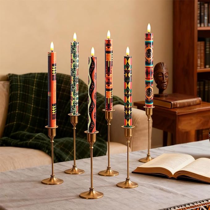 African LED Candles Flameless Candlesticks-6pcs Timer Traditional Tribal Battery Operated Candle Remote Floral LED Taper Candles Lights for Home Wedding Party Dinner Windows Decor-P6AFRI