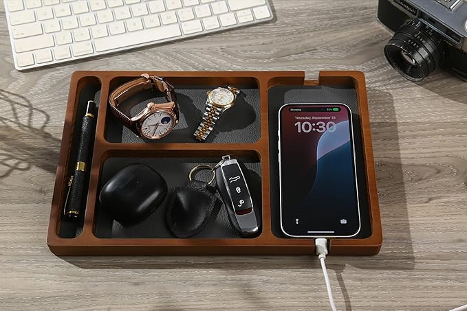Shinpuru Wooden Valet Tray for Men, Nightstand Organizer with Leather Inlay, EDC Essentials Catchall Tray for Keys, Phone, Wallet, Watch, Earbuds - Bedside Desk Entryway Tray (Wood-Pen)
