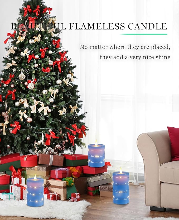 Da by Flameless Candles with String Lights，Battery Operated Candles,LED Flickering Candles with Remote Control and Timer, Real Wax, 3 Pack-Blue.