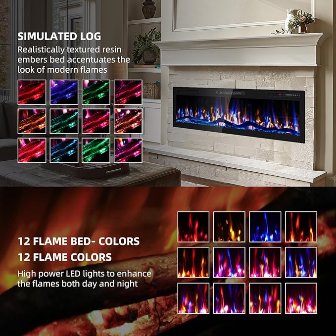 50" Smart WiFi Electric Fireplace with Sound Crackling Narrow Bezel Recessed and Wall Mounted Fireplace Heater with App, Remote Control, Log Flame Option, 750/1500W