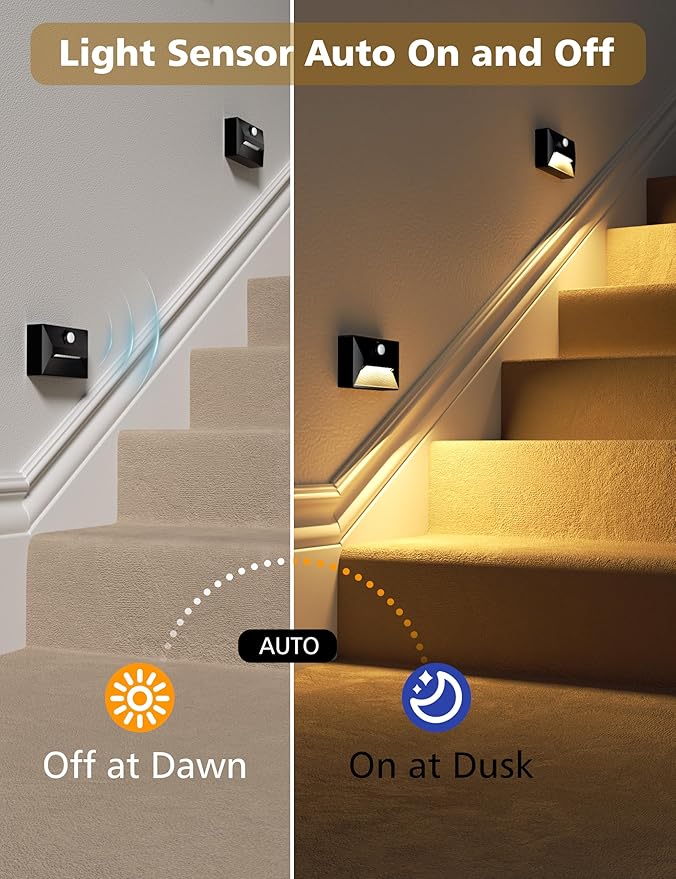 NIORSUN Motion Sensor Night Light, Rechargeable Stair Lights Indoor, 3 Colors and Motion Modes Battery Night Light with Light Sensor for Stairway, Hallway, Bathroom, Kitchen, Bedroom Black 4 Pack