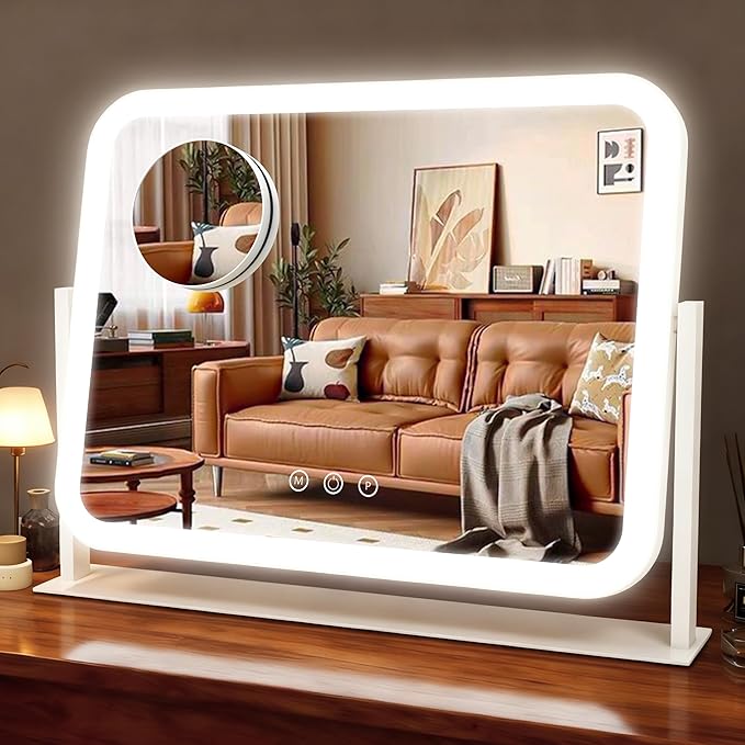 HNV 17"x13" Hollywood Vanity Mirror with Lights, Rounded Makeup Mirror with 10X Magnification, 3 Color Dimmable LED, Smart Touch Control & 360° Rotation, Shatter-Resistant Tabletop Desk Mirror (White)