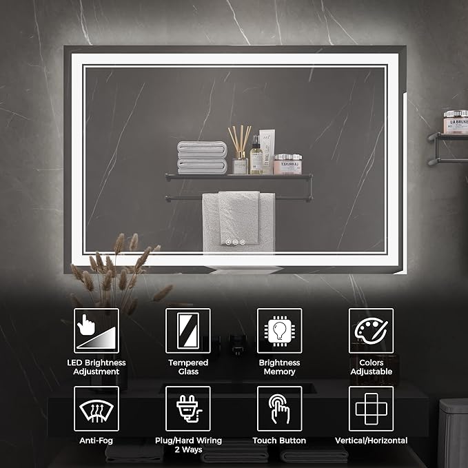 48"x32" LED Bathroom Mirror, Front Smart Mirror, LED Mirror for Bathroom with 3 Colors, Vanity Mirror with Lights, Anti-Fog Wall Mounted, Dimmable Touch Switch Control, Memory
