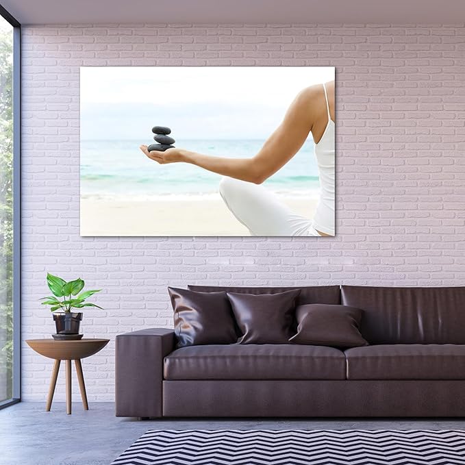Zen Wall Art Decor, Modern Bathroom Zen Decor Wall Art, Large Relaxing Canvas Wall Art for Spa Zen Room Decor, Meditation Facing The Sea and Pebble Art Paintings for Office & Spa Decor 32x48 Inches