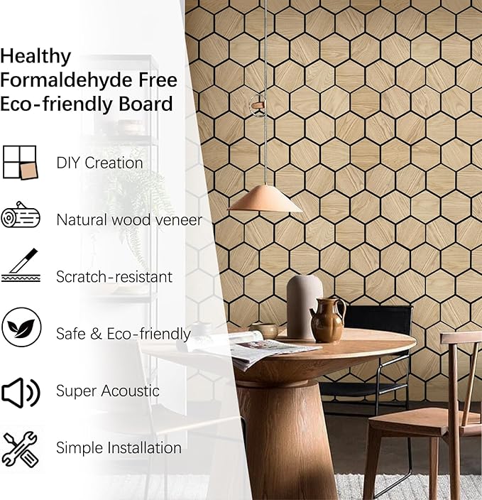 ARMURO Hexagon Wall Panels - 4 PCS Wood Panels for Wall - Natural Oak Wood Veneer Hexagon Sound Panels - Sound Absorbing Panels for Walls and Ceiling (23.8" W x 29" L)