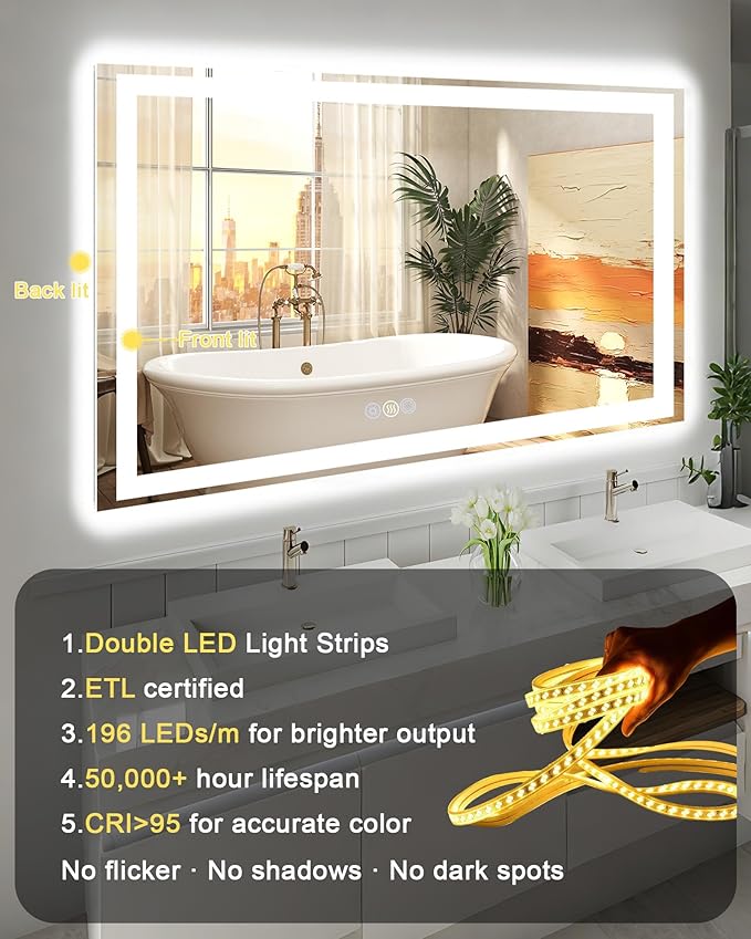55x36 LED Bathroom Mirror with Lights, Super Bright Front & Backlit Vanity Mirror for Wall, Anti-Fog & Memory Smart Mirror, 5mm Shatter-Proof Tempered Glass, ETL Listed, Vertical/Horizontal