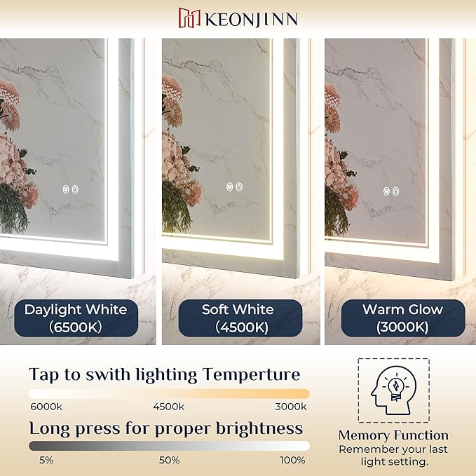 Keonjinn 30" x 32" Bathroom LED Mirror, Front & Back Lighted Mirror for Bathroom Wall, HD Tempered Glass, Safe Anit-Fog, 3000K/4500K/6500K, Dimmable, Frameless LED Wall Mirror with Lights