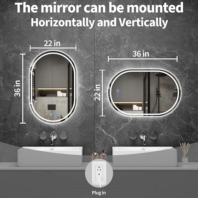 Oval LED Bathroom Mirror, 22"x 36" Frameless LED Mirror with Front Light and Backlit, Anti-Fog, Dimmable Modern Wall Mounted Lighted Mirror，Pill-Shaped Smart Mirror Bathroom