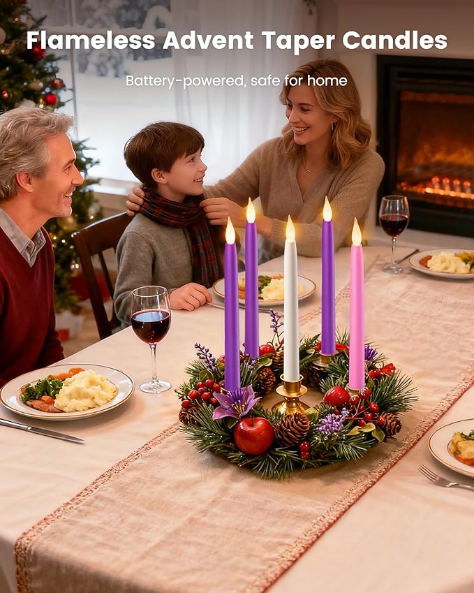 SURAIELEC Set of 5 Battery Operated Advent Candles, 10.5'' Christmas Taper Candle with Remote, Timer, Flameless LED for Advent Wreath, Christmas Decoration (Rechargeable Battery Not Compatible)