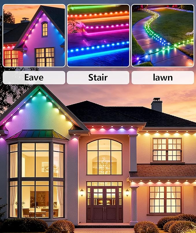 RGB Permanent Outdoor Lights, Smart APP & Remote Control, IP67 Waterproof, for Eaves, Patio, Yard, Party, Villa, 16 Million Colors & Scene Modes