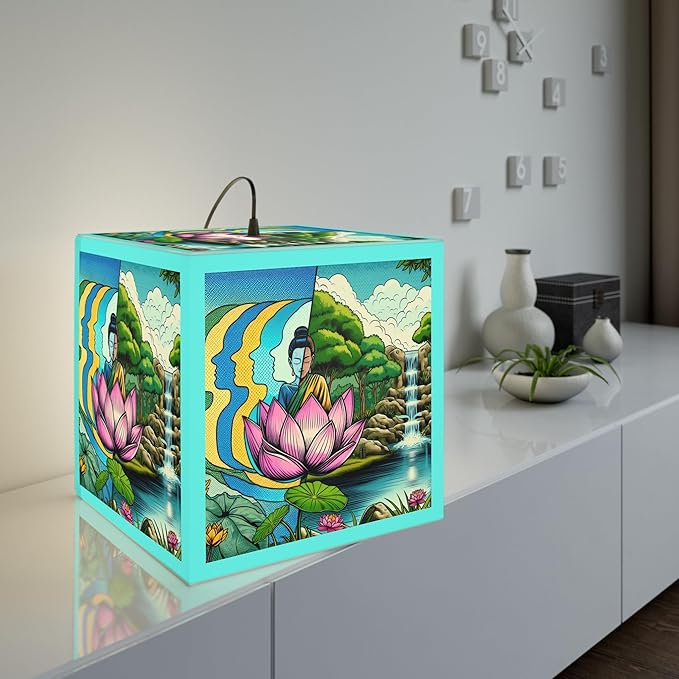 Decorative Custom Zen Garden Light Cube Lamp with Lotus Design, 11.7 x 11.5 x 11.5 inches, Turquoise