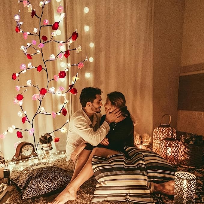 Rose LED Tree Branch Lights for Wall, Rose Flower Willow Vine Twig Decor Garland with 48 LED Lights and Remote,8 Lighting Modes,Christmas Decorations Indoor for Home Wall Door Window (47inch)
