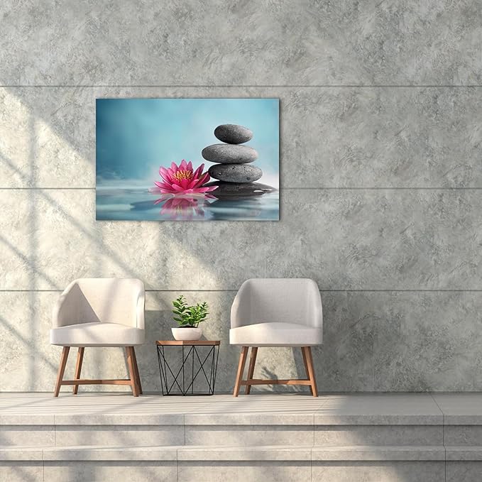 GUTTATY Zen Wall Art Decor, Modern Bathroom Zen Decor Wall Art, Zen Relaxing Canvas Wall Art for Spa Room Decor, Black Pebble and Pink Flower Zen Art Prints for Office & Spa Wall Decor 18x24 Inches