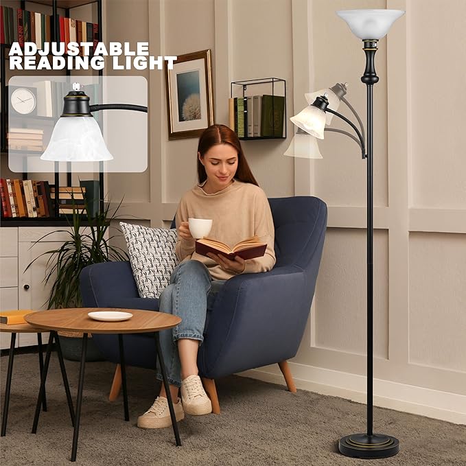 71'' Floor Lamps for Living Room, Tall Floor Lamp for Bedroom with Adjustable Angle Arc Reading lamp, Modern Torchiere Standing lamp with Glass Shade, Knob Switch, Bulb Included, Black