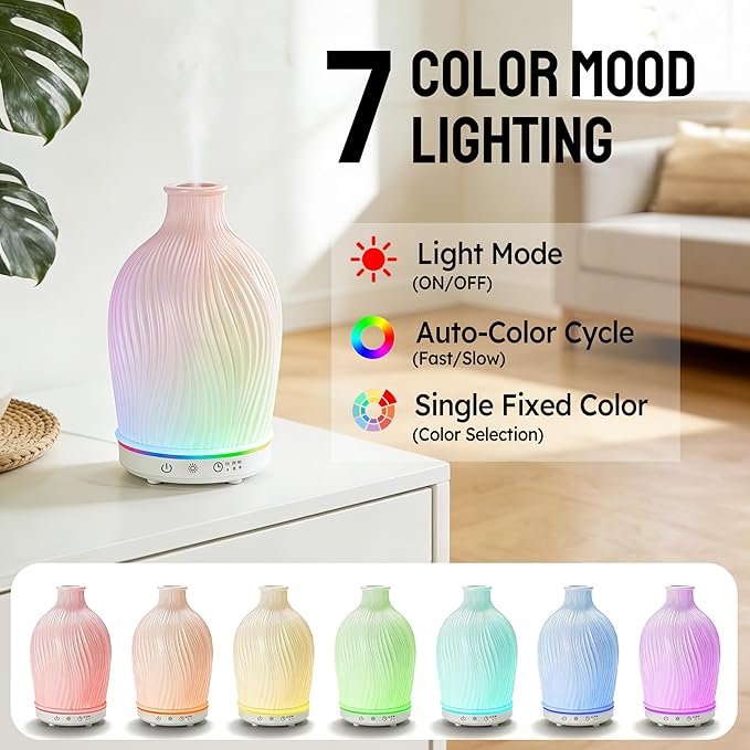 Essential Oil Diffuser 150ml, Resin Material Aromatherapy Diffuser with 1/2/4H Timer, 7 Color Lights, Auto Shut-Off, Whisper-Quiet Ultrasonic Humidifier for Home Bedroom Office (White)