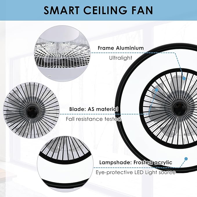 24" Bladeless Ceiling Fan with RGB Light Remote, Smart LED Ceiling Fans with Voice/App Control, Modern Low Profile Dimmable Light Ceiling Fan for Bedroom Living Room Black